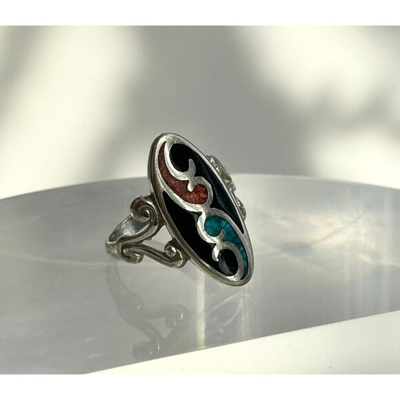 Zuni Sterling Silver Navajo Genuine Turquoise, Onyx & Coral Inlay Oval Ring - 9 - Picture 3 of 10